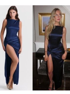 House of CB Roxanne Slit Satin Maxi Dress Navy XS NWT High Slit Twist Sleeveless